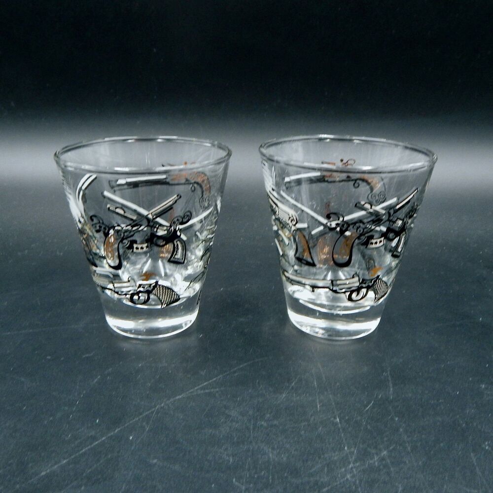 Libbey Curio Pattern Gold Black Six-Shooter Gun Barware Lowball Shot Glasses S/2